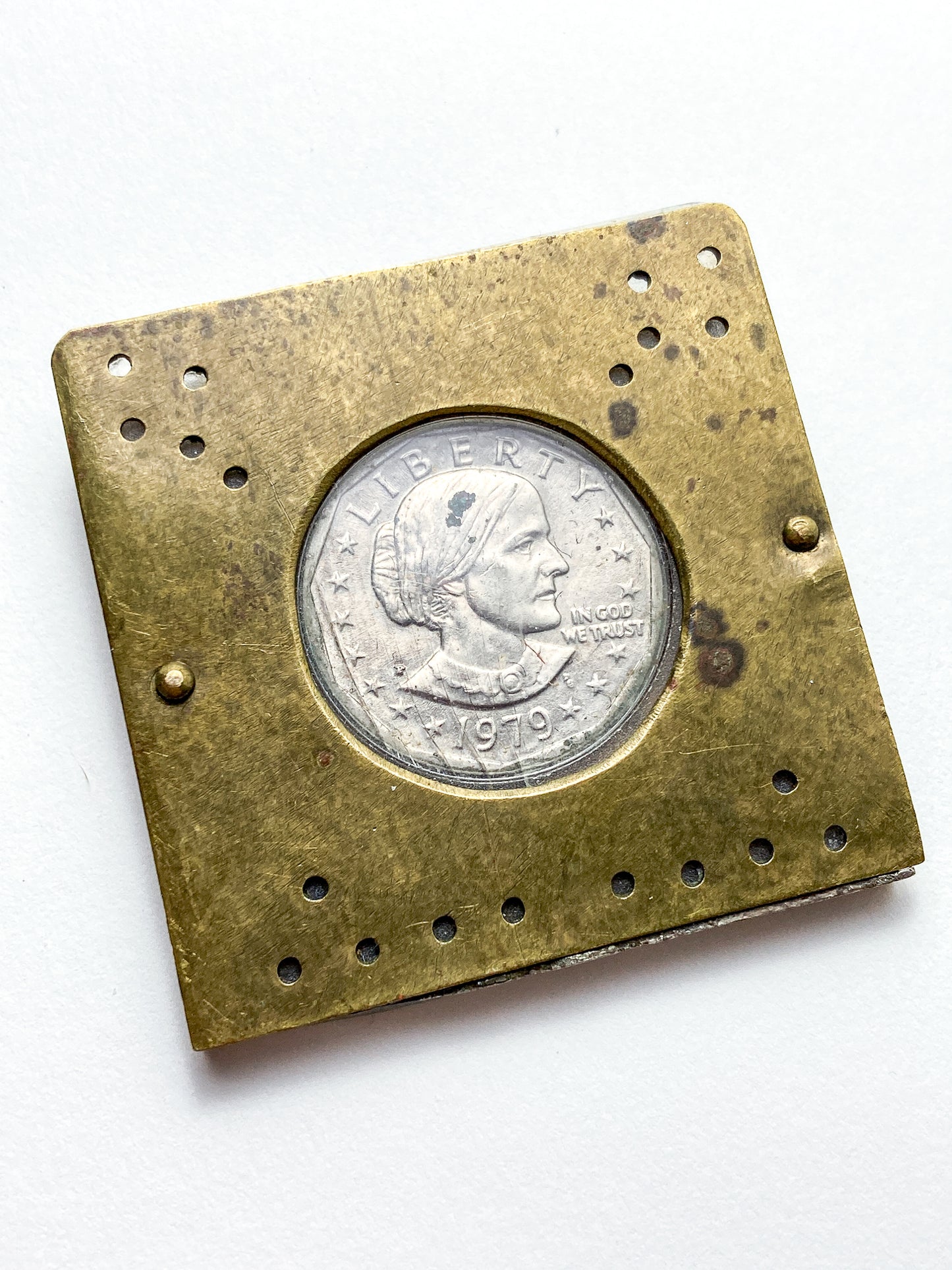 Vintage 1979 Susan B Anthony Dollar Coin Custom Brass Case Pendant