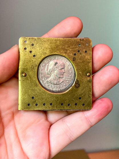 Vintage 1979 Susan B Anthony Dollar Coin Custom Brass Case Pendant