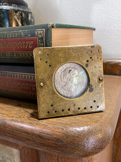 Vintage 1979 Susan B Anthony Dollar Coin Custom Brass Case Pendant