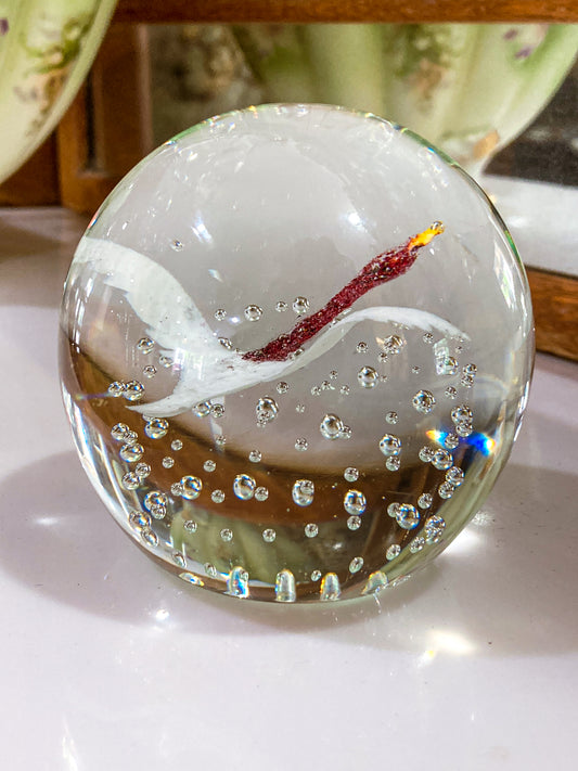 Vintage 1980's John Gentile Red Neck Goose Round Bubble Glass Paperweight