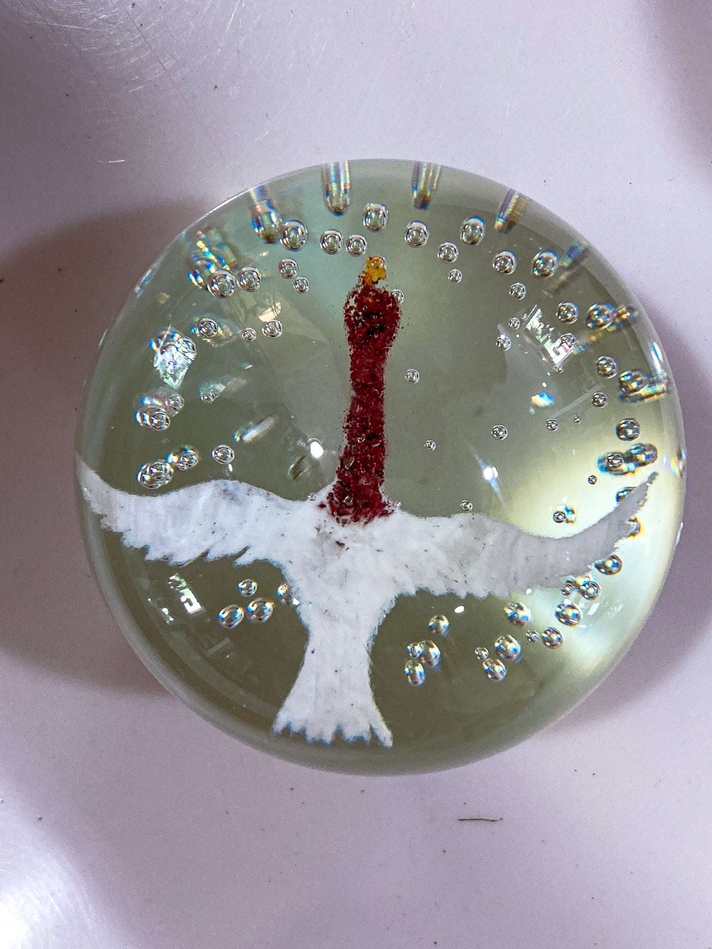 Vintage 1980's John Gentile Red Neck Goose Round Bubble Glass Paperweight