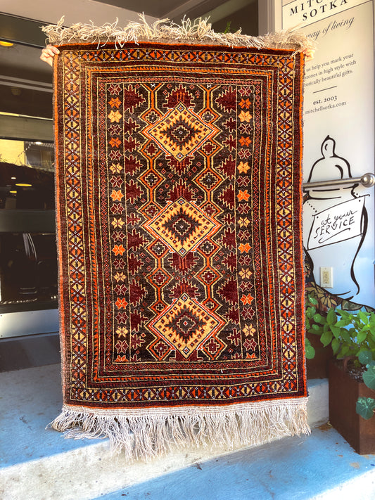 Vintage 1980s Orange Red Fringe 5x3ft Hand Woven Persian Wool Area Rug