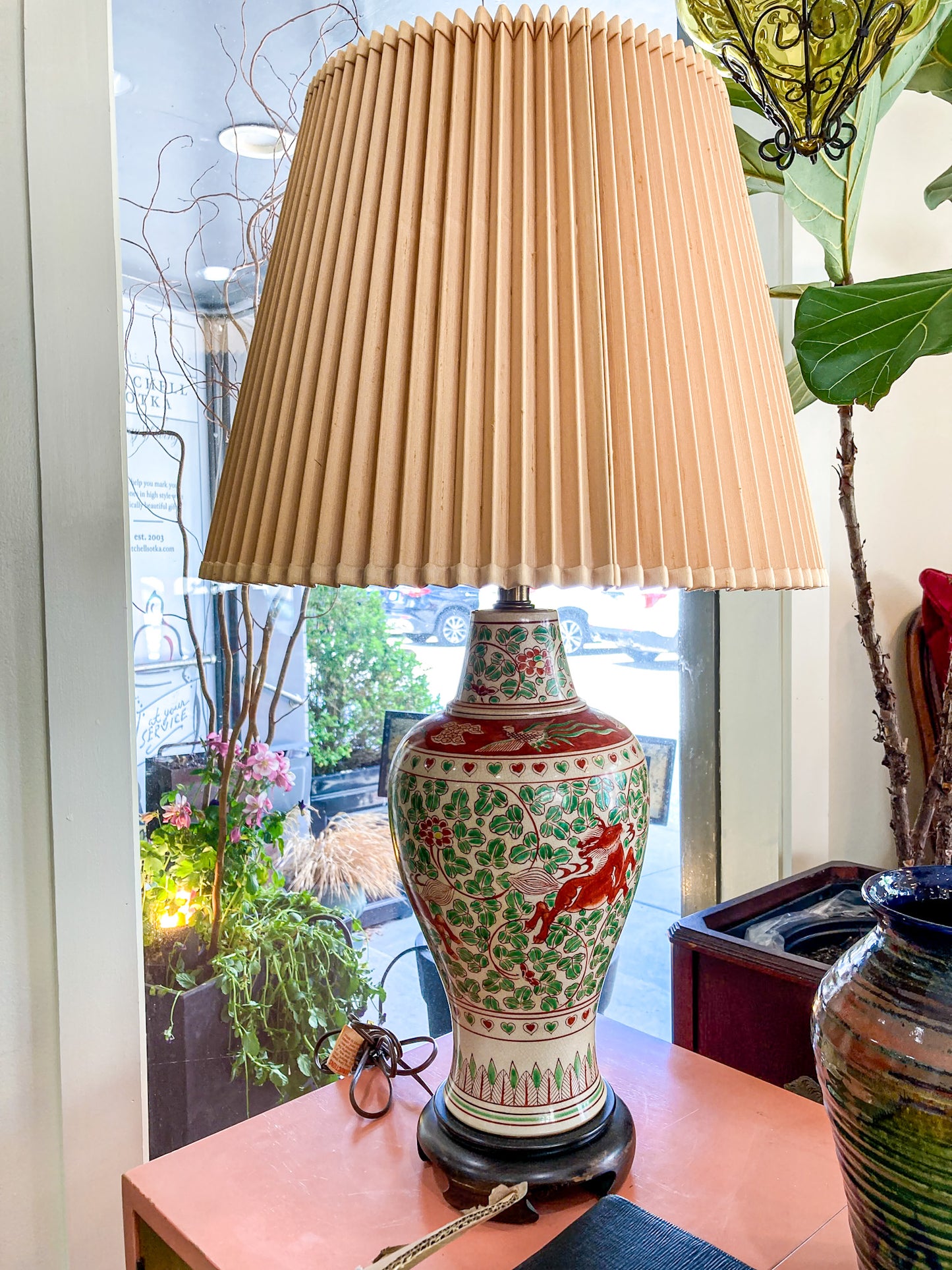 Vintage 1980s Pair Frederick Cooper Fauna Vine Motif Ceramic Jar Table Lamps