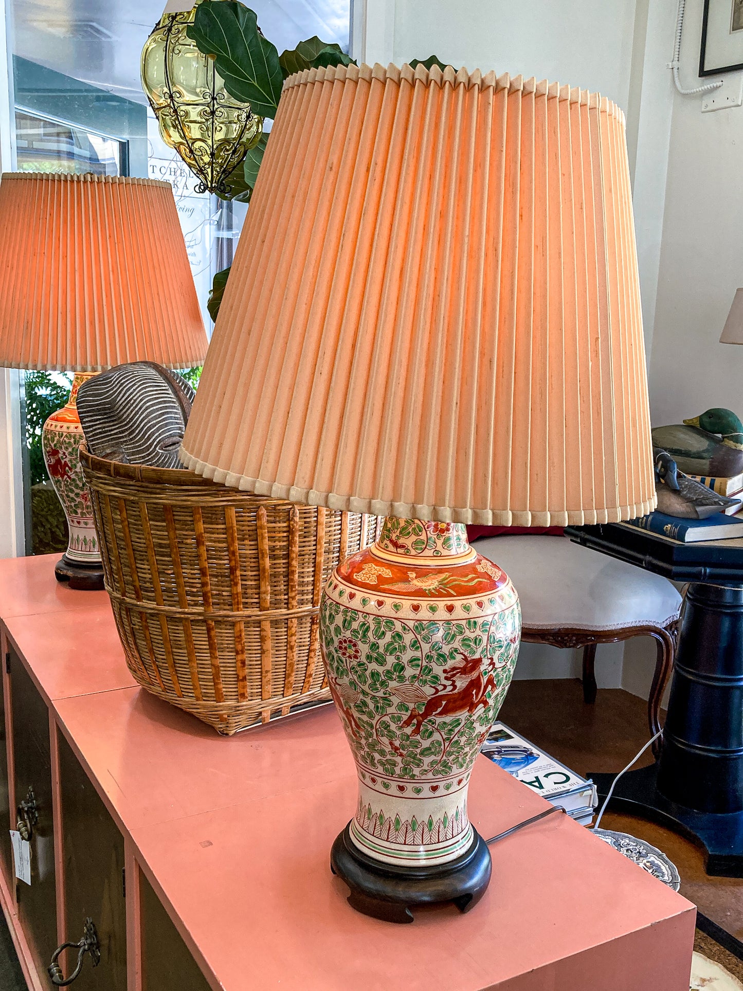 Vintage 1980s Pair Frederick Cooper Fauna Vine Motif Ceramic Jar Table Lamps