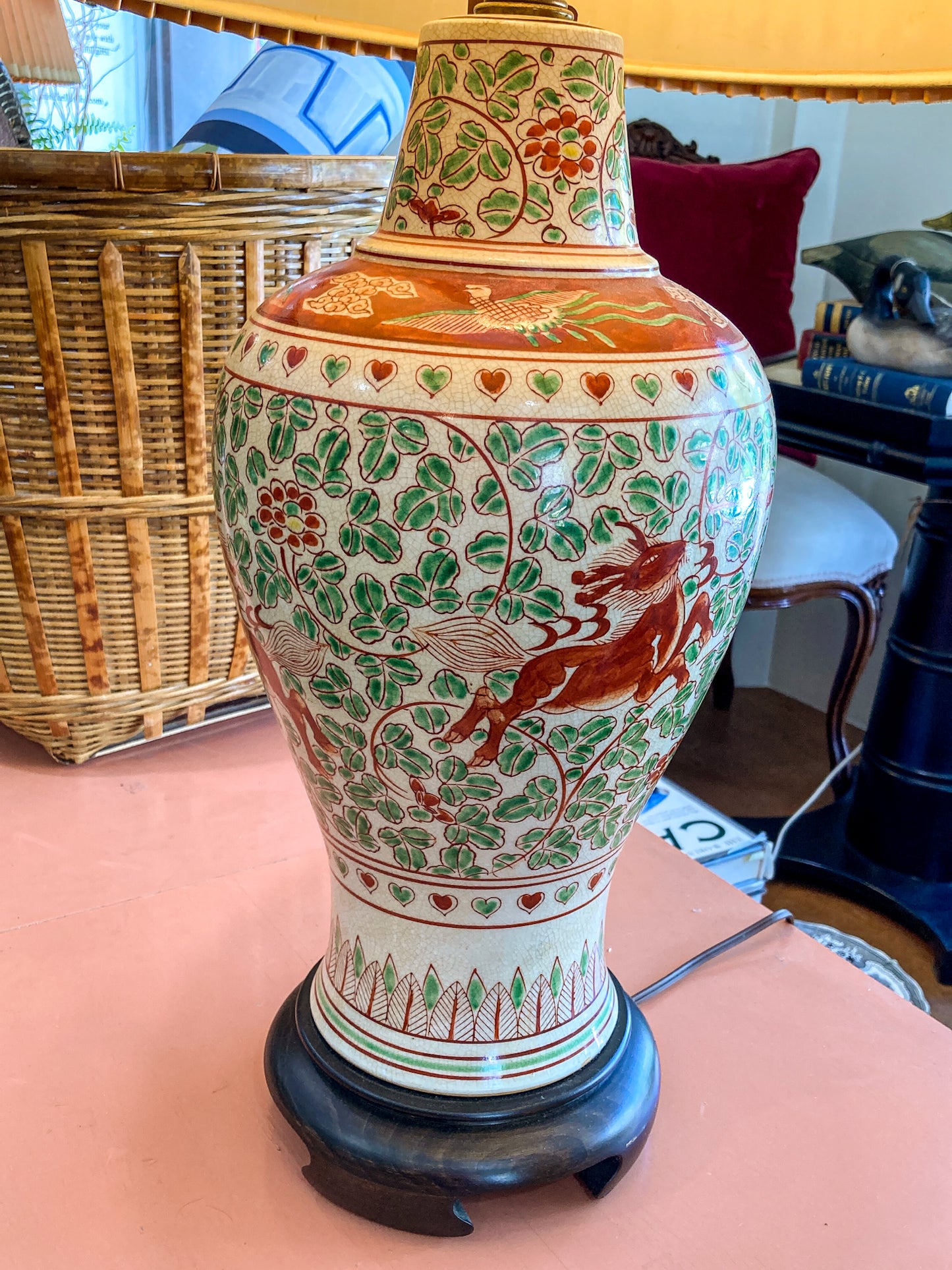 Vintage 1980s Pair Frederick Cooper Fauna Vine Motif Ceramic Jar Table Lamps