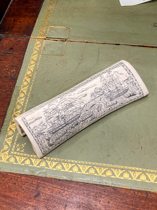 Vintage 1980s Reproduction Nautical Theme Scrimshaw Faux Bone Etching