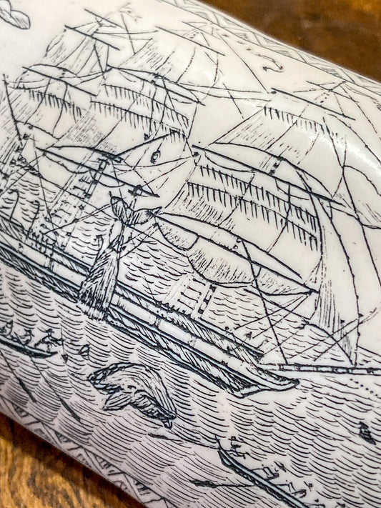 Vintage 1980s Reproduction Nautical Theme Scrimshaw Faux Bone Etching
