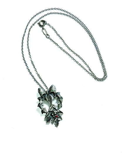 Vintage 1982 Franklin Mint Sterling Silver Ruby Holly Pendant Necklace