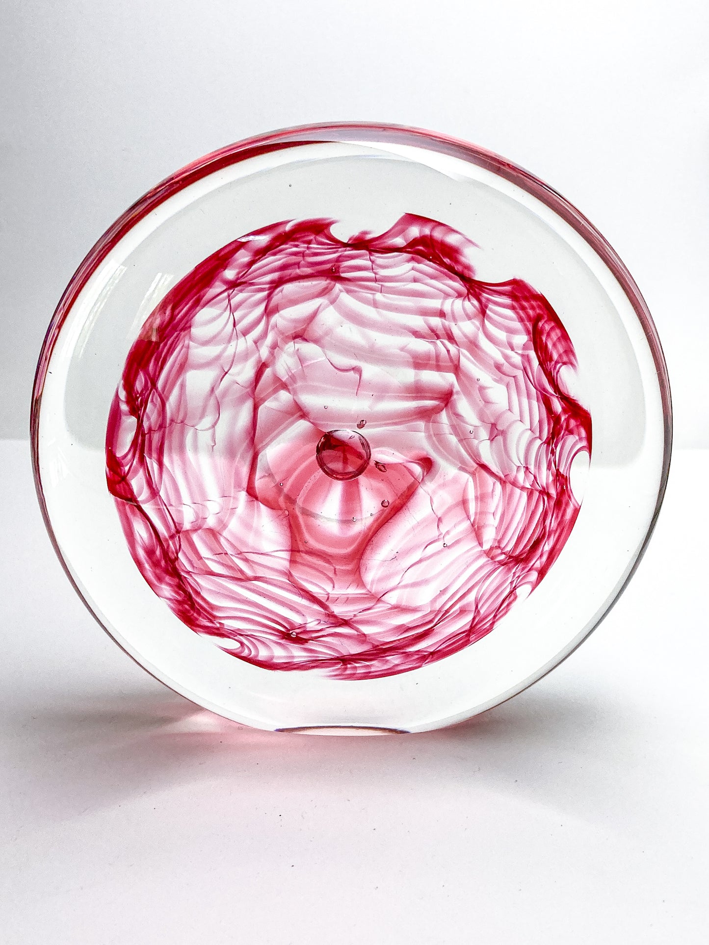 Vintage 1995 Rod Sounik Handblown Magenta Clear Glass Disc Paperweight