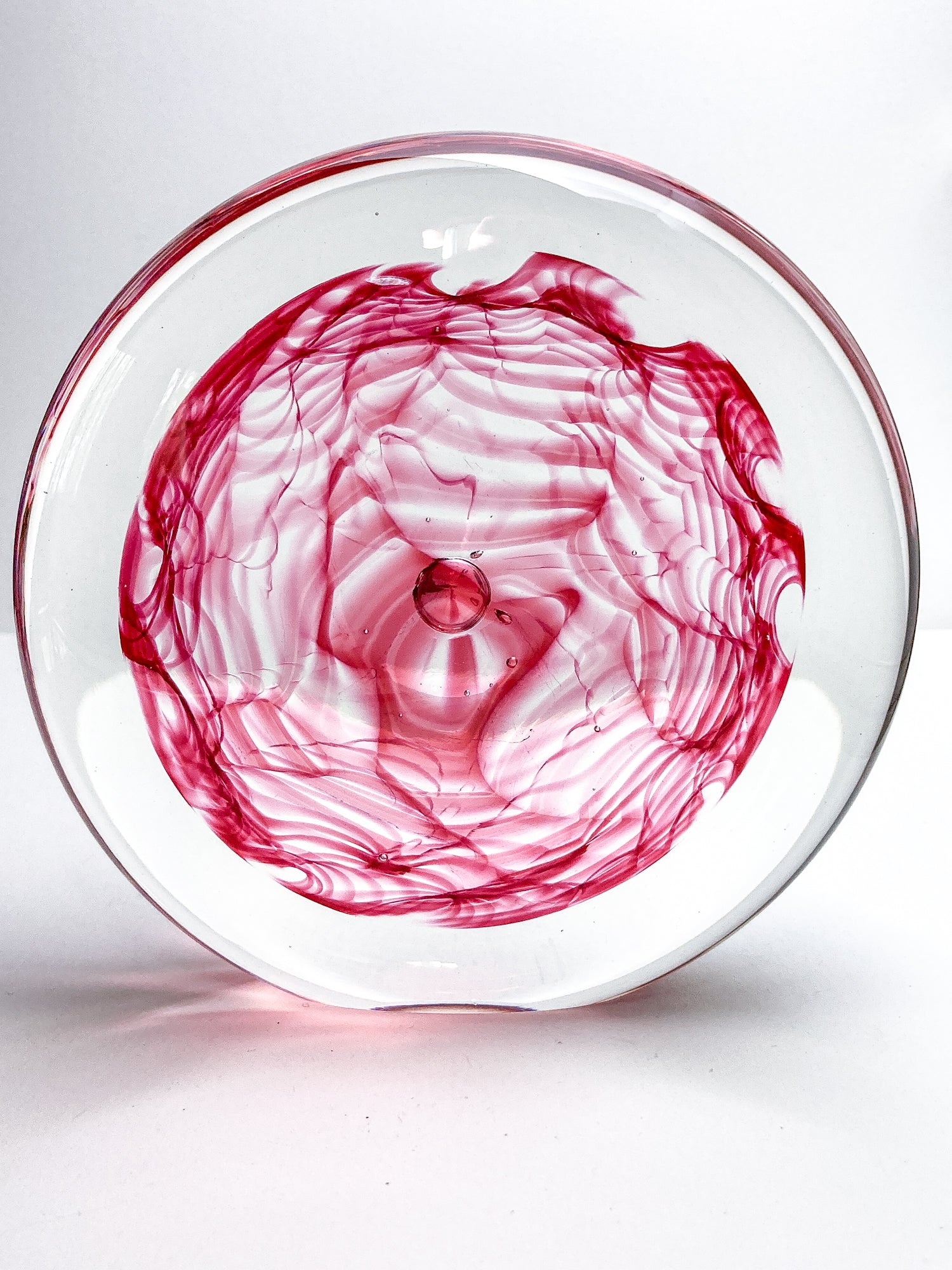 Vintage 1995 Rod Sounik Handblown Magenta Clear Glass Disc Paperweight
