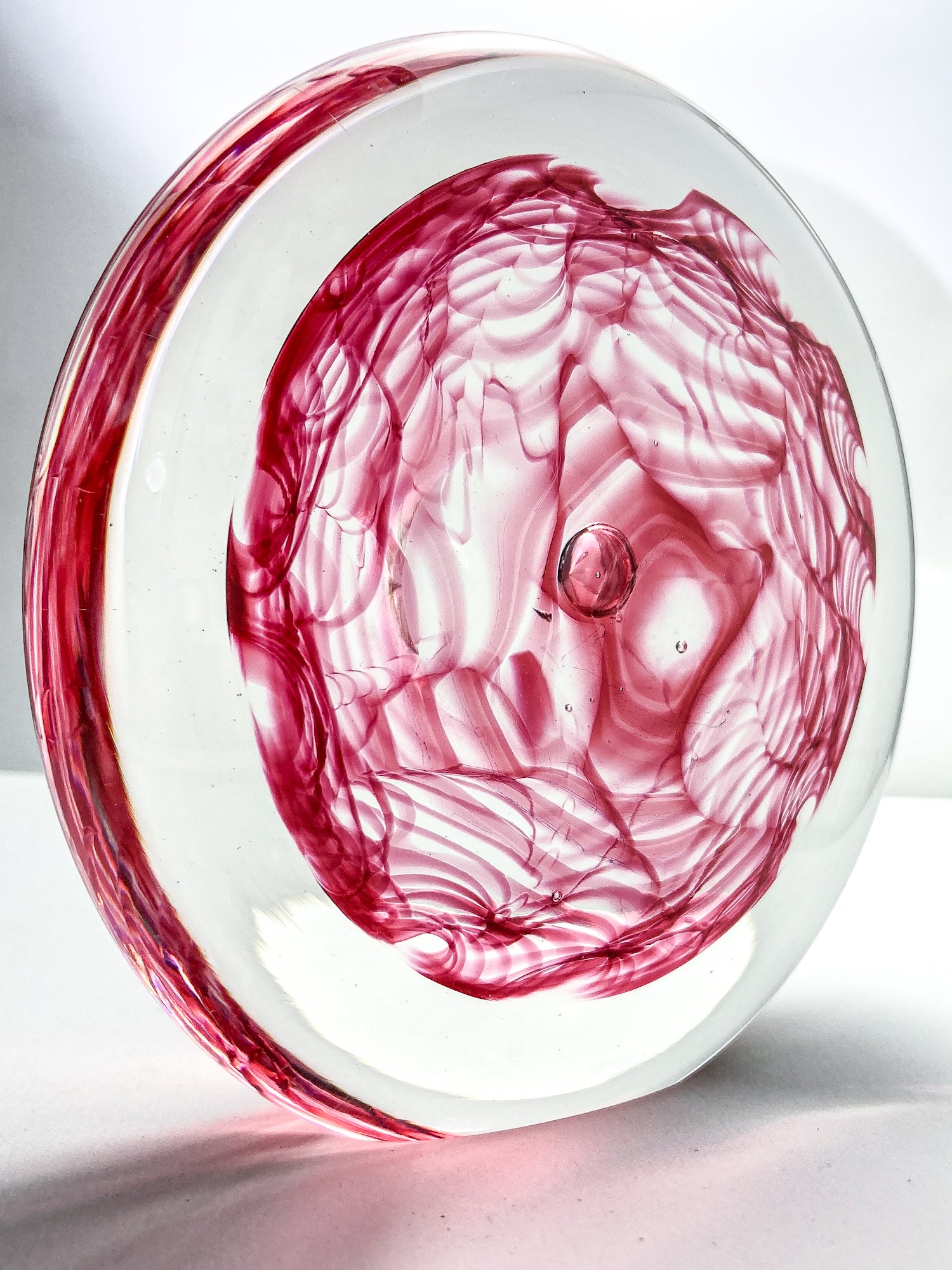 Vintage 1995 Rod Sounik Handblown Magenta Clear Glass Disc Paperweight