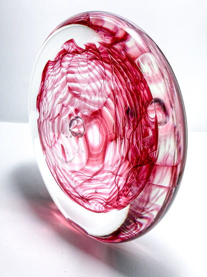 Vintage 1995 Rod Sounik Handblown Magenta Clear Glass Disc Paperweight