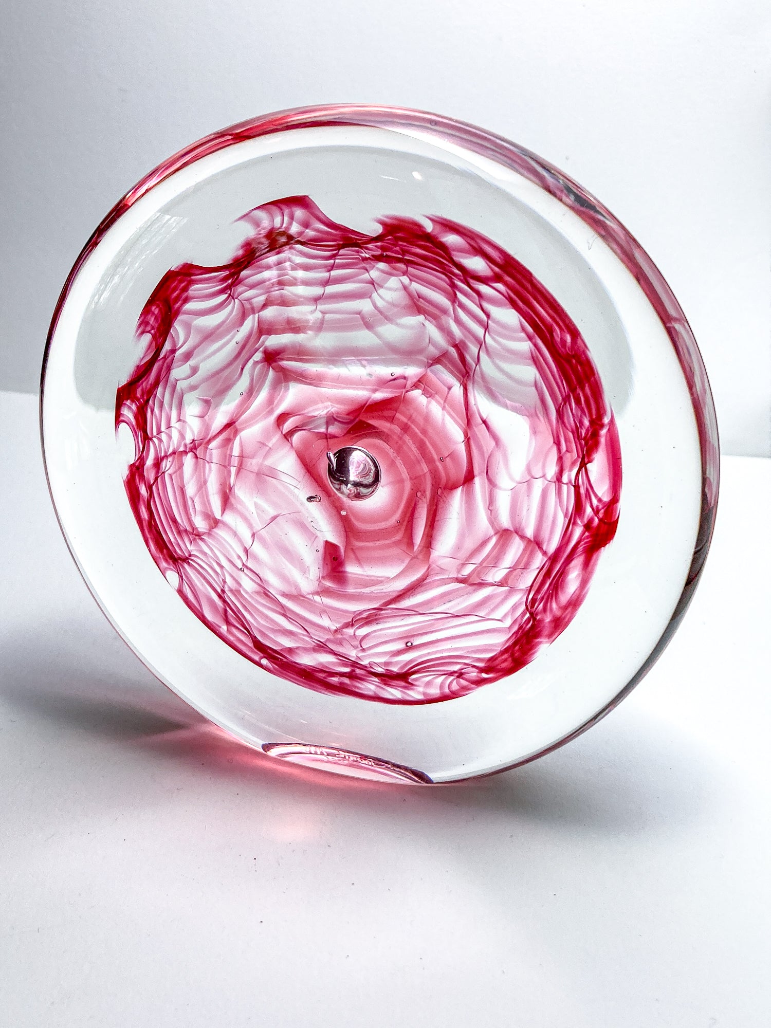 Vintage 1995 Rod Sounik Handblown Magenta Clear Glass Disc Paperweight