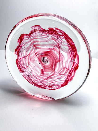 Vintage 1995 Rod Sounik Handblown Magenta Clear Glass Disc Paperweight