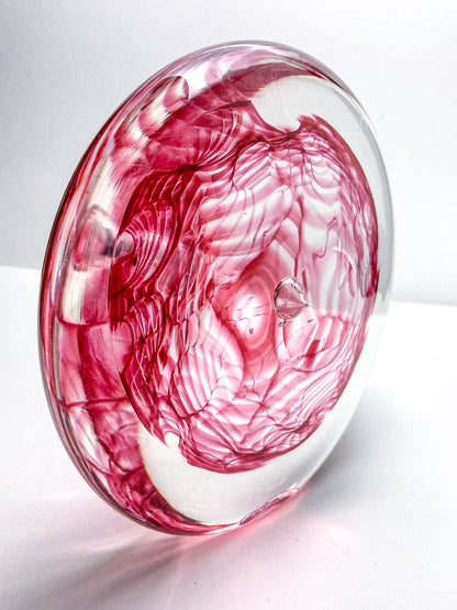 Vintage 1995 Rod Sounik Handblown Magenta Clear Glass Disc Paperweight