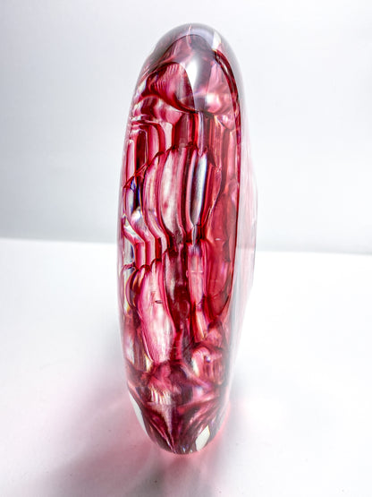 Vintage 1995 Rod Sounik Handblown Magenta Clear Glass Disc Paperweight