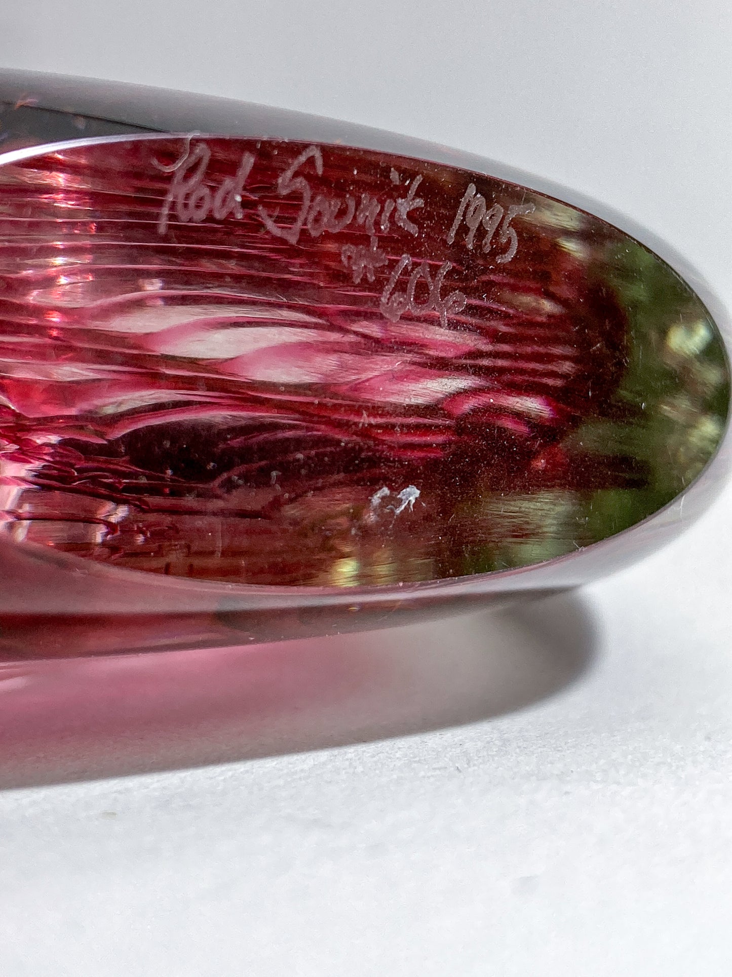 Vintage 1995 Rod Sounik Handblown Magenta Clear Glass Disc Paperweight