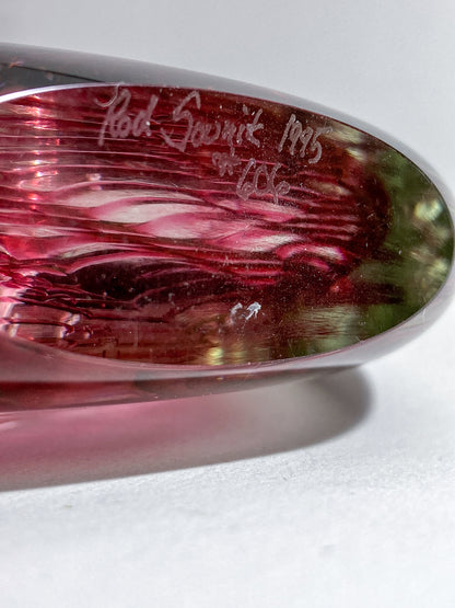 Vintage 1995 Rod Sounik Handblown Magenta Clear Glass Disc Paperweight