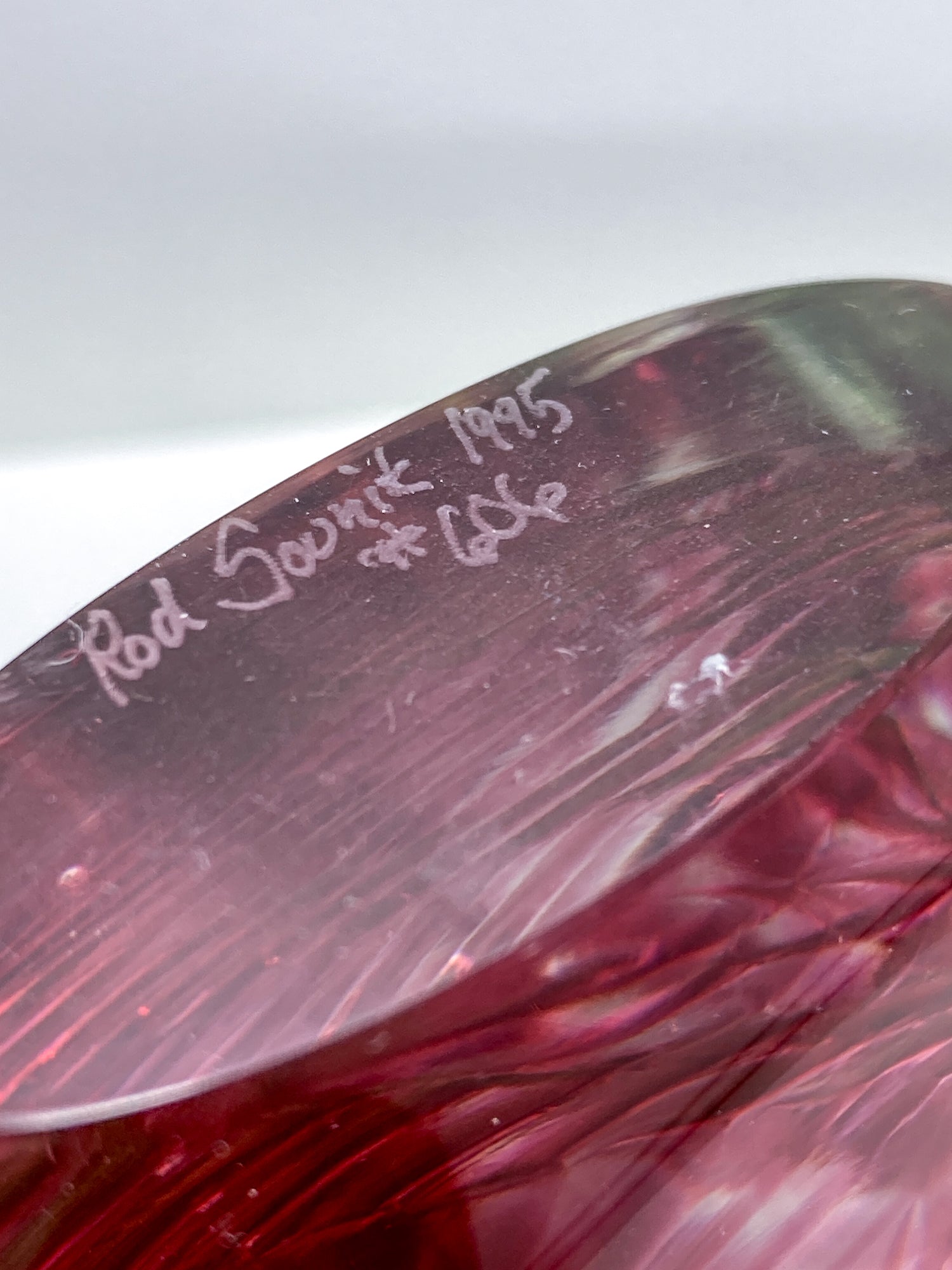 Vintage 1995 Rod Sounik Handblown Magenta Clear Glass Disc Paperweight