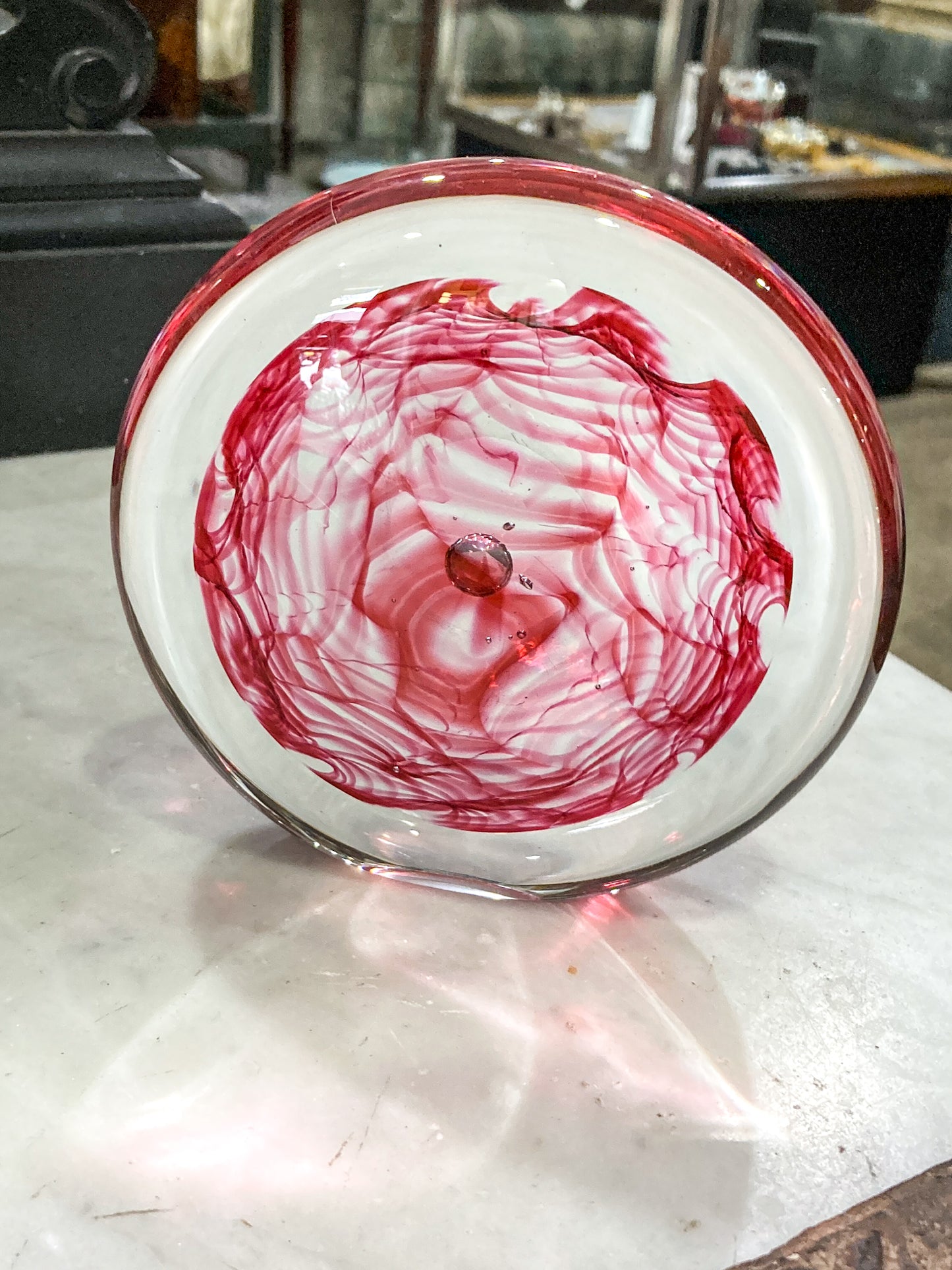 Vintage 1995 Rod Sounik Handblown Magenta Clear Glass Disc Paperweight