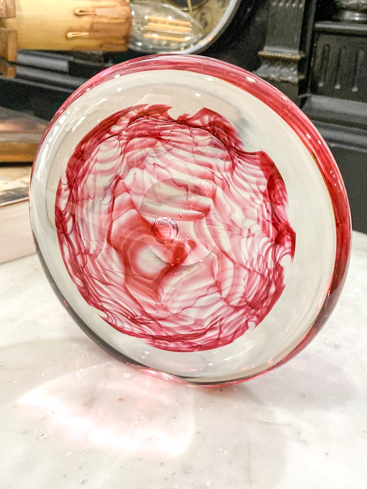Vintage 1995 Rod Sounik Handblown Magenta Clear Glass Disc Paperweight