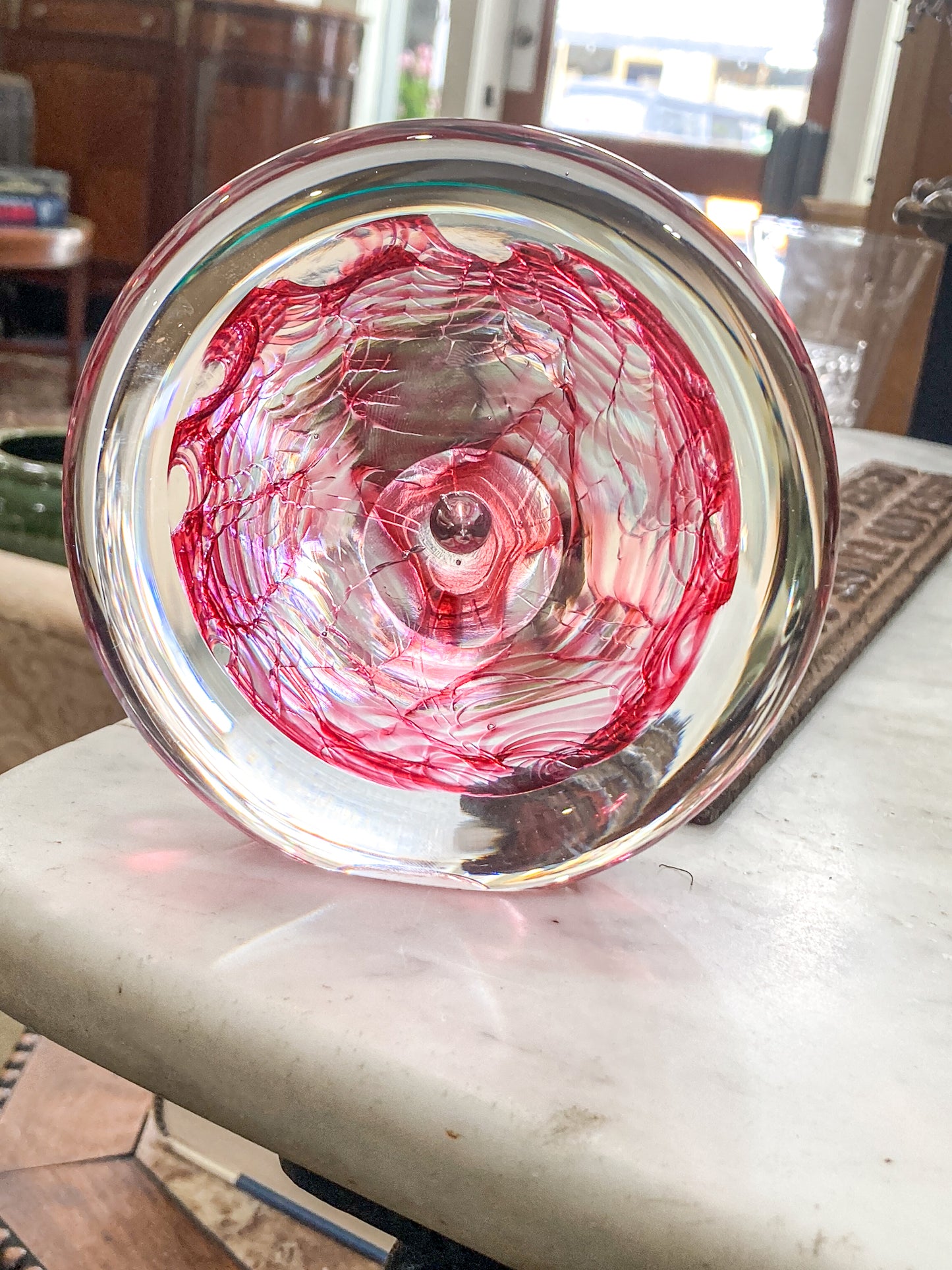 Vintage 1995 Rod Sounik Handblown Magenta Clear Glass Disc Paperweight