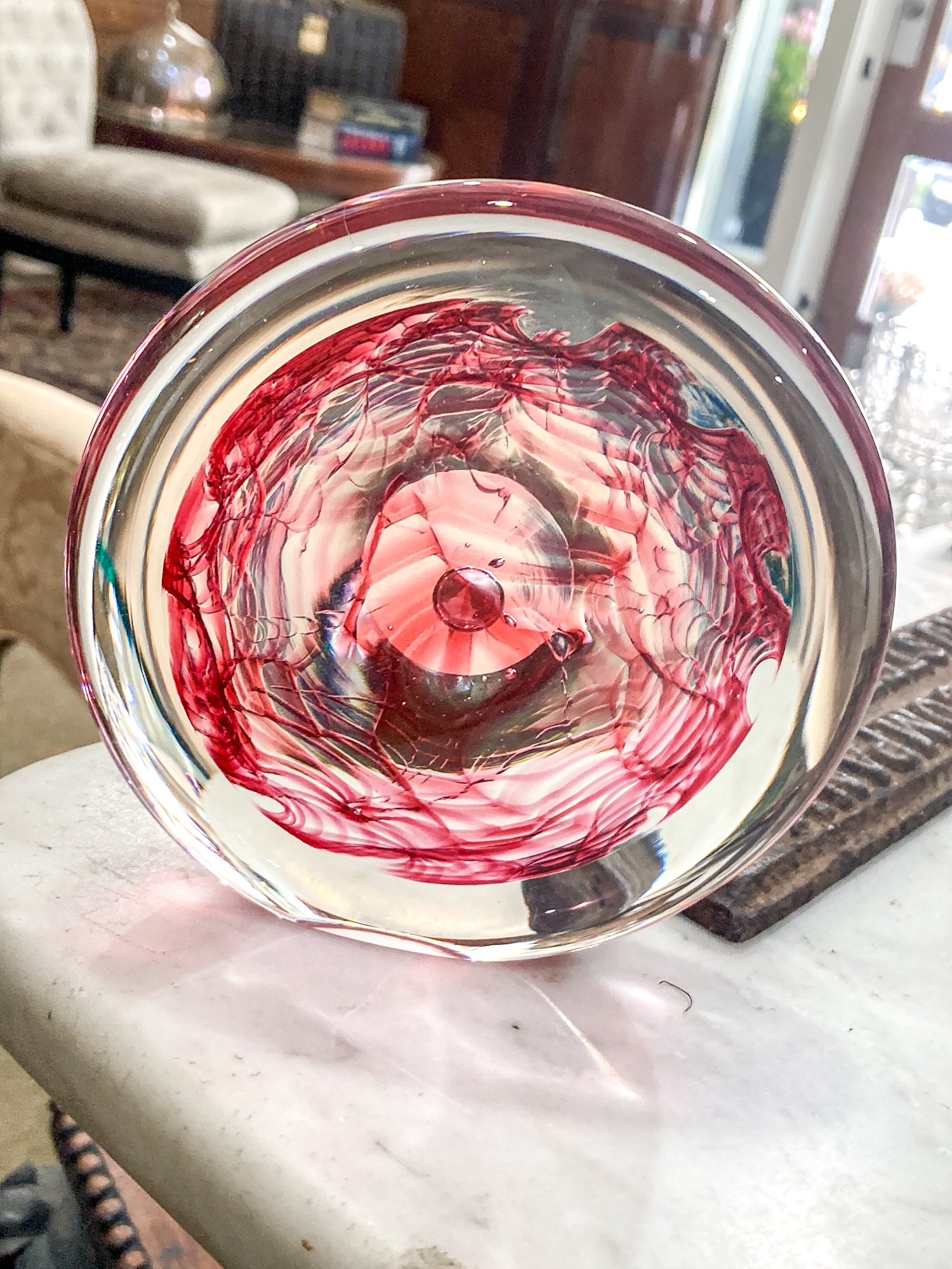 Vintage 1995 Rod Sounik Handblown Magenta Clear Glass Disc Paperweight