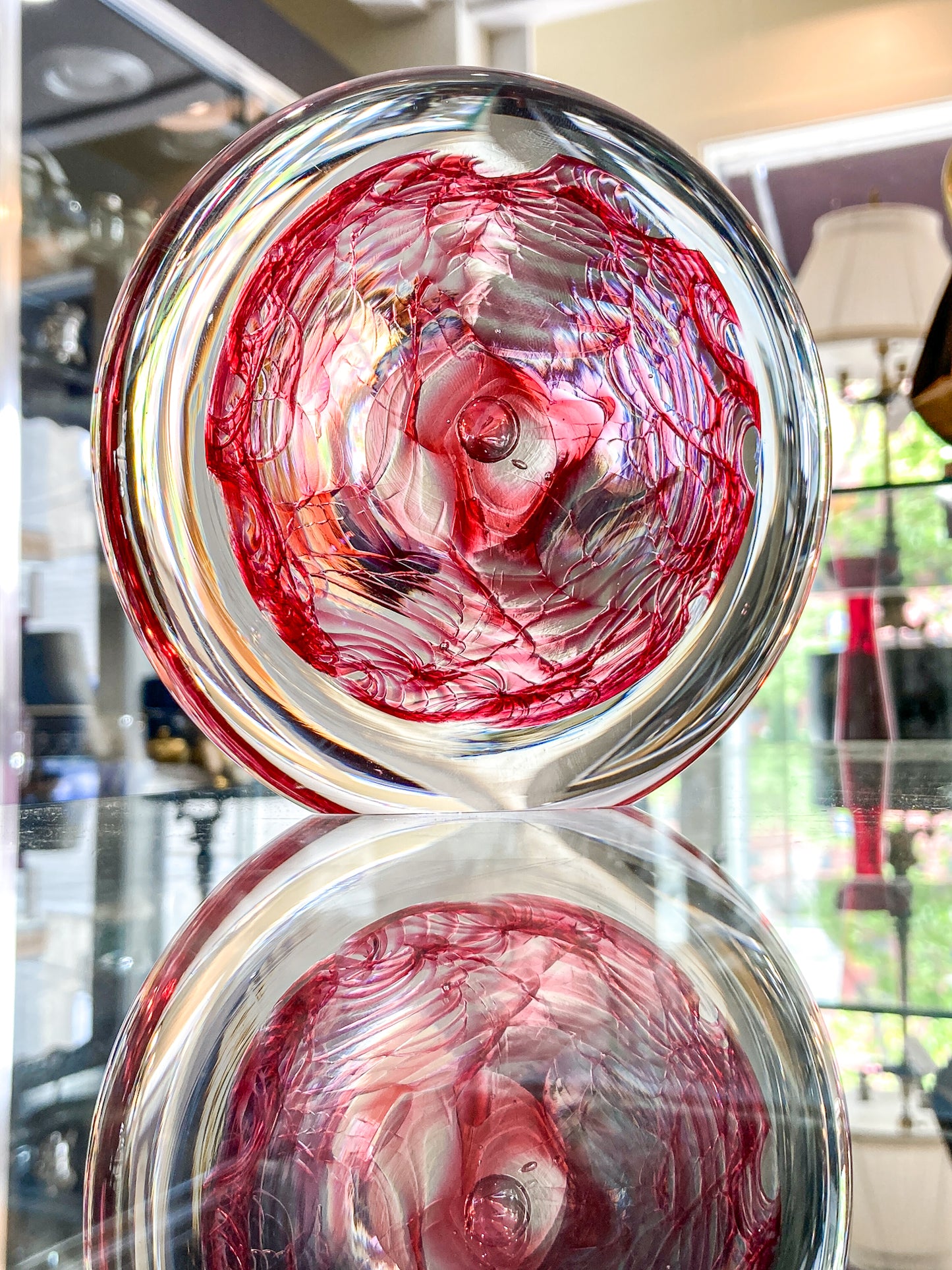 Vintage 1995 Rod Sounik Handblown Magenta Clear Glass Disc Paperweight