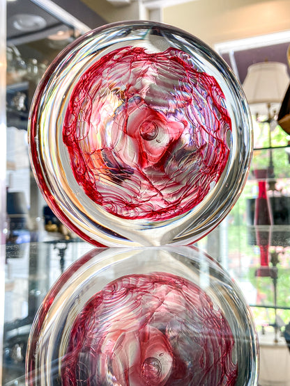 Vintage 1995 Rod Sounik Handblown Magenta Clear Glass Disc Paperweight