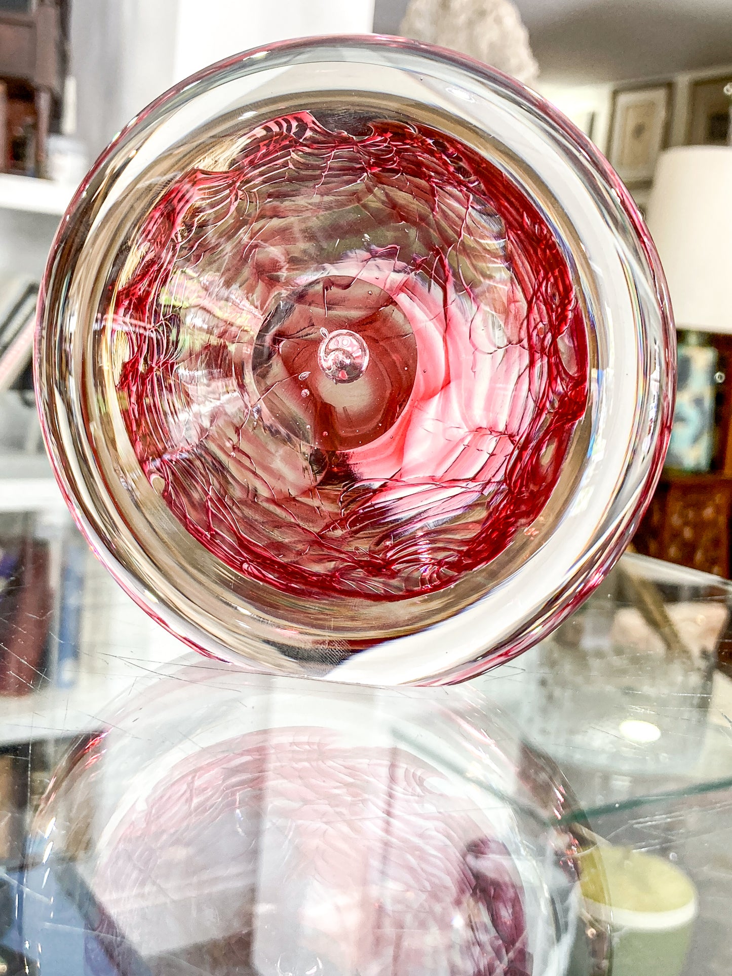 Vintage 1995 Rod Sounik Handblown Magenta Clear Glass Disc Paperweight