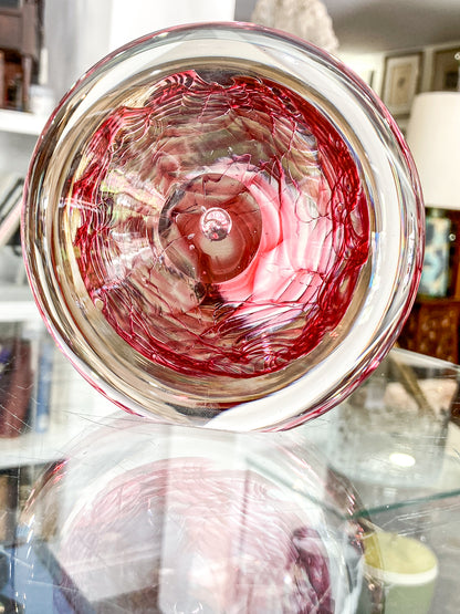 Vintage 1995 Rod Sounik Handblown Magenta Clear Glass Disc Paperweight