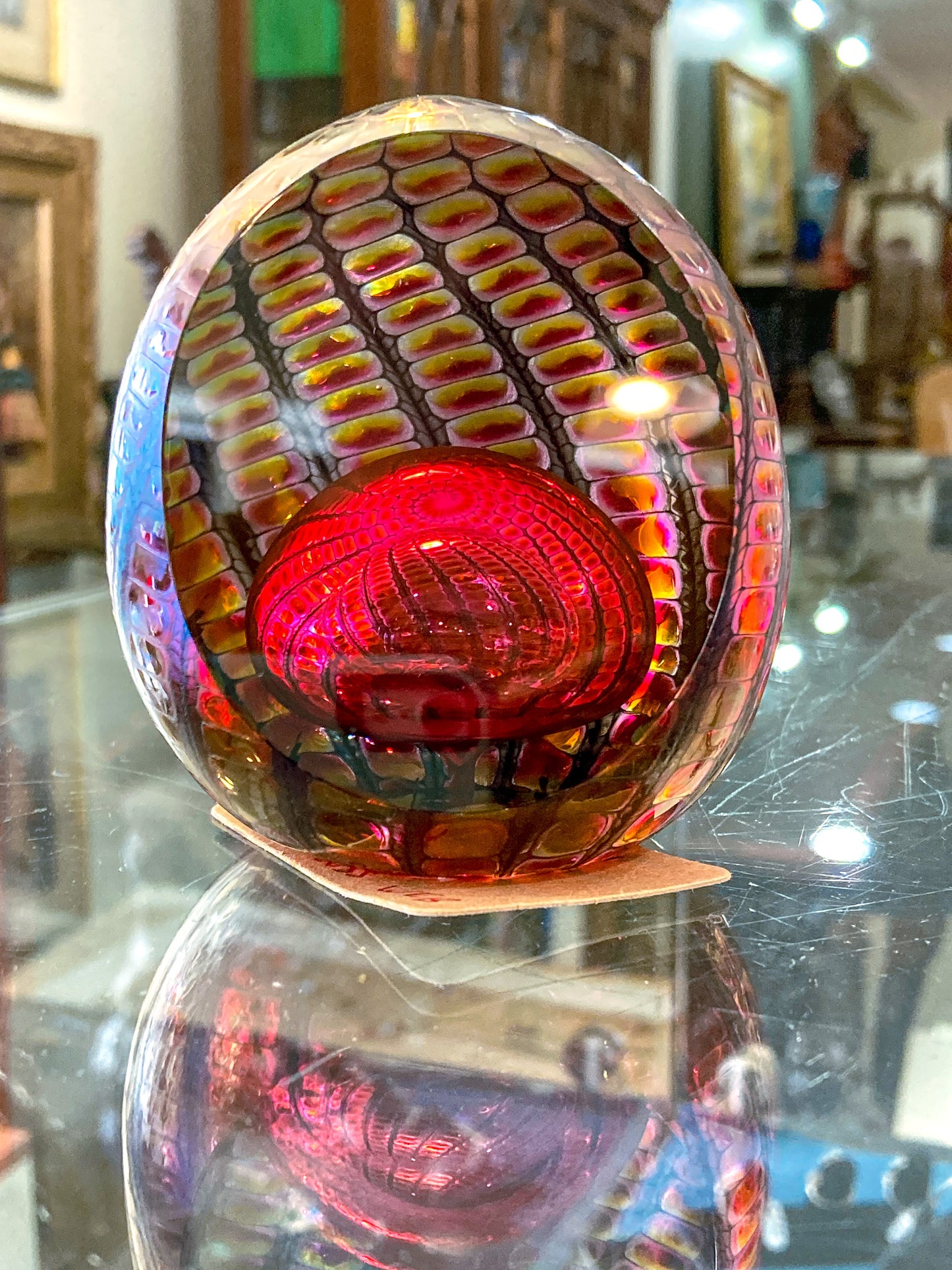 Vintage 1996 Tom Philabaum Handblown Reptile Skin Bubble Glass Paperweight