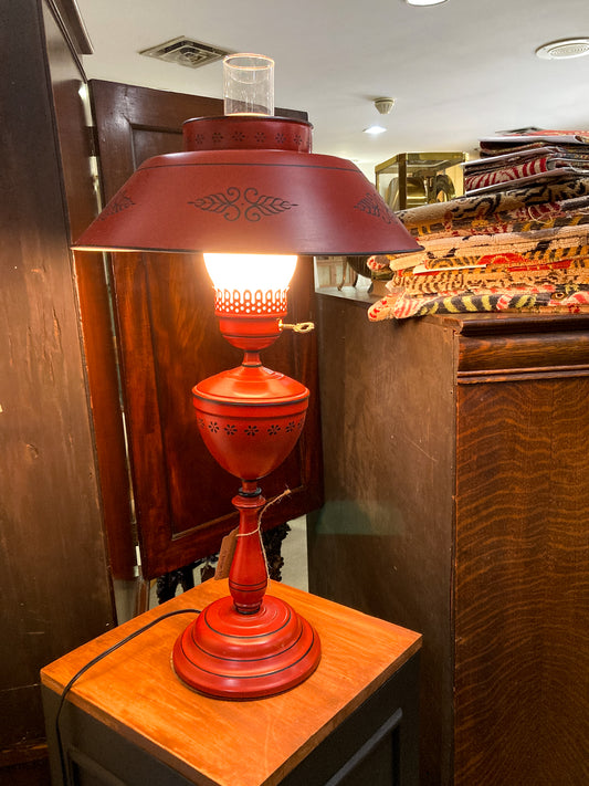 Vintage 19th Century Oil Style Hand Painted Red Tole Table Lamp