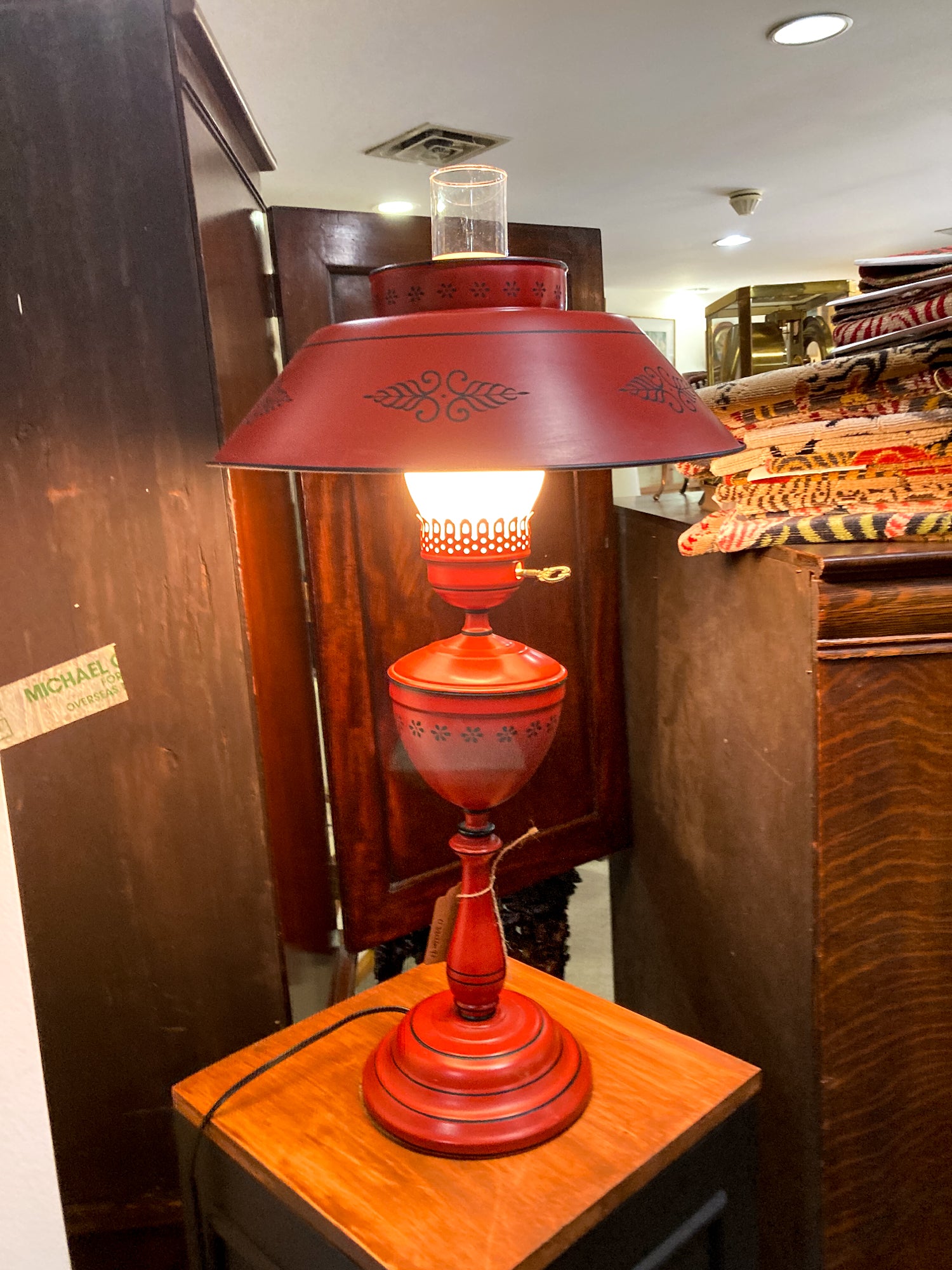 Vintage 19th Century Oil Style Hand Painted Red Tole Table Lamp