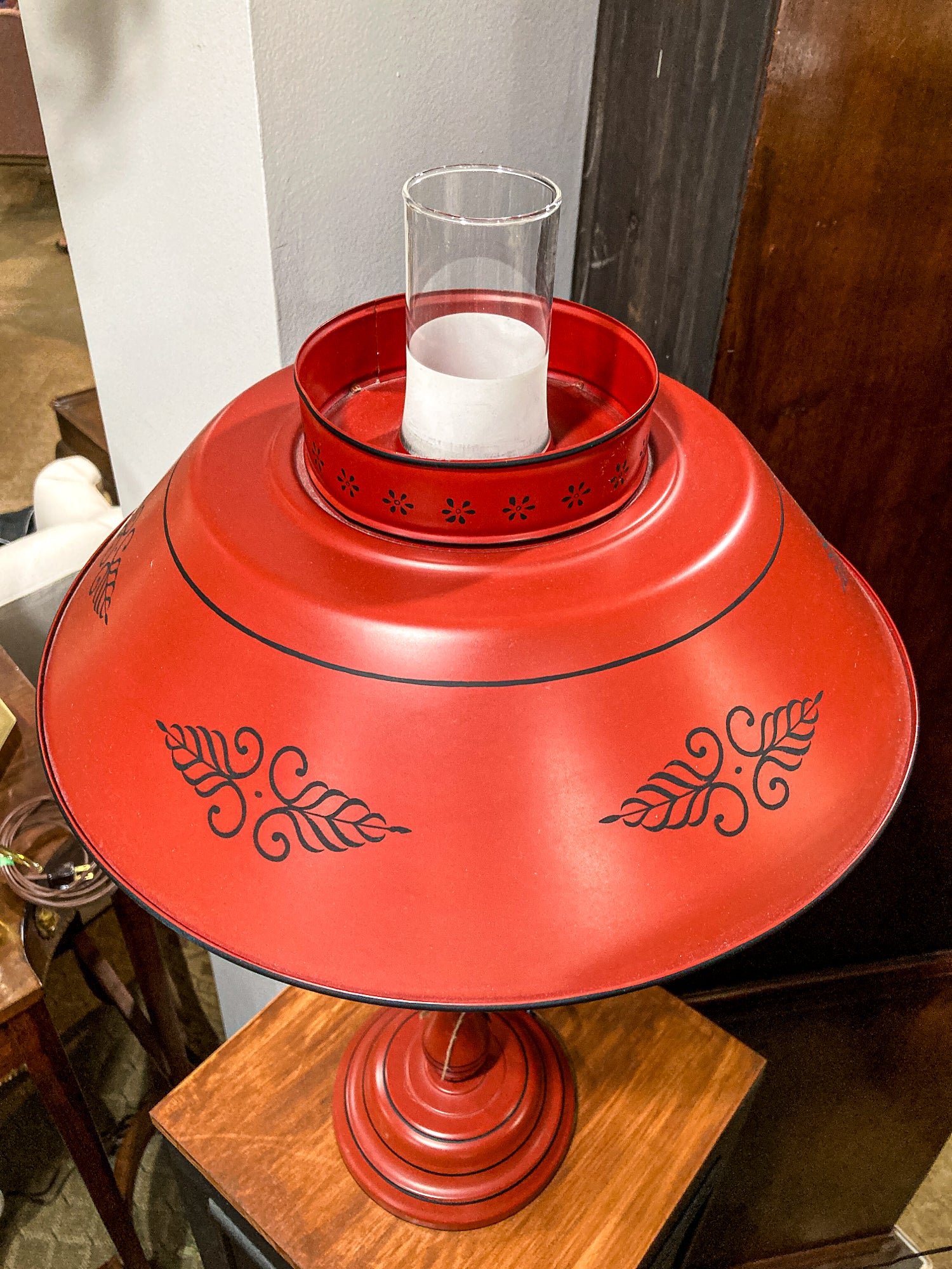 Vintage 19th Century Oil Style Hand Painted Red Tole Table Lamp