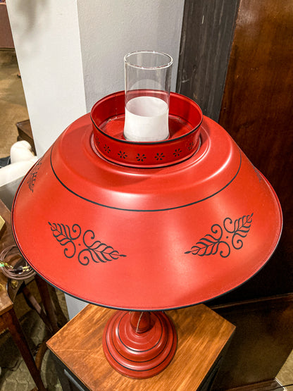 Vintage 19th Century Oil Style Hand Painted Red Tole Table Lamp