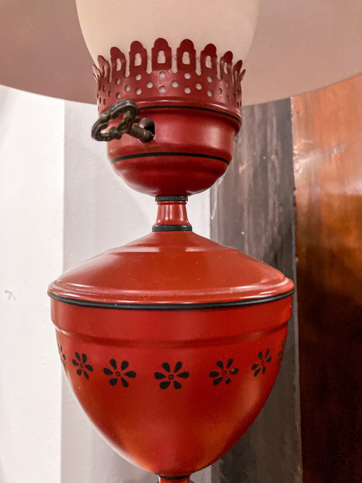 Vintage 19th Century Oil Style Hand Painted Red Tole Table Lamp