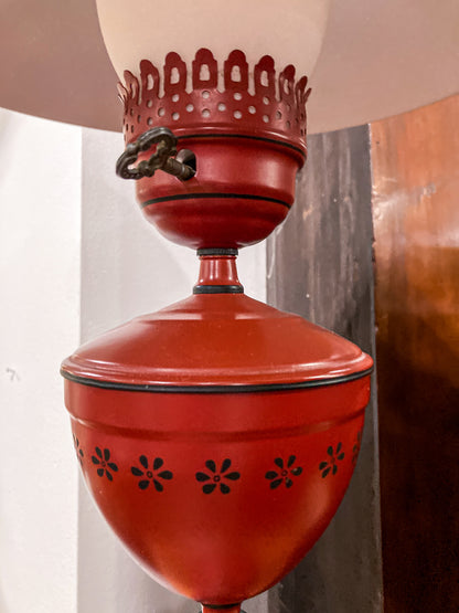 Vintage 19th Century Oil Style Hand Painted Red Tole Table Lamp