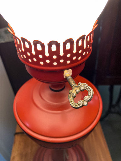 Vintage 19th Century Oil Style Hand Painted Red Tole Table Lamp