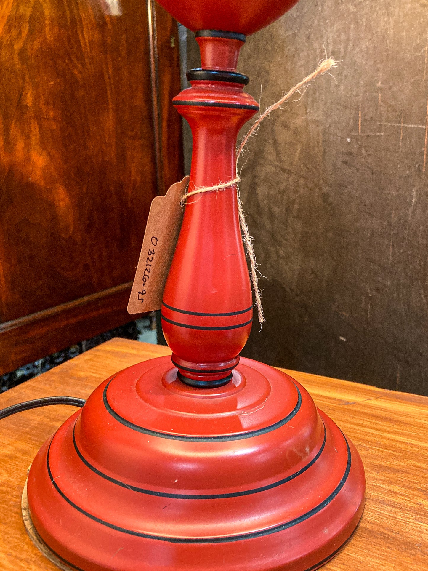 Vintage 19th Century Oil Style Hand Painted Red Tole Table Lamp