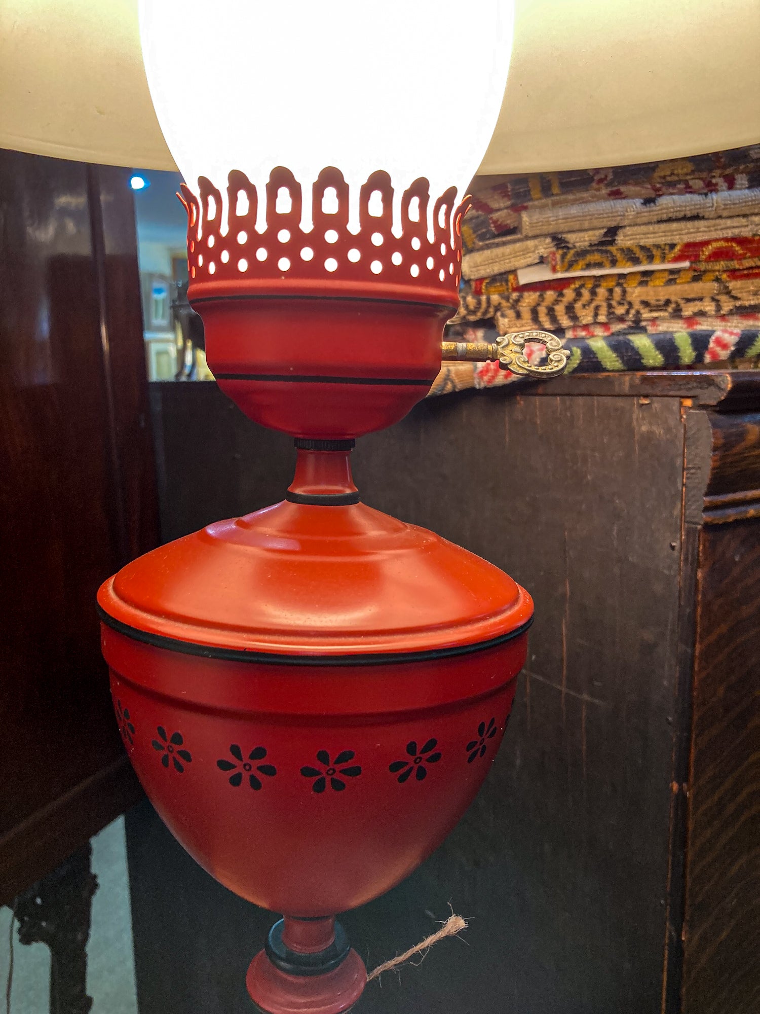 Vintage 19th Century Oil Style Hand Painted Red Tole Table Lamp