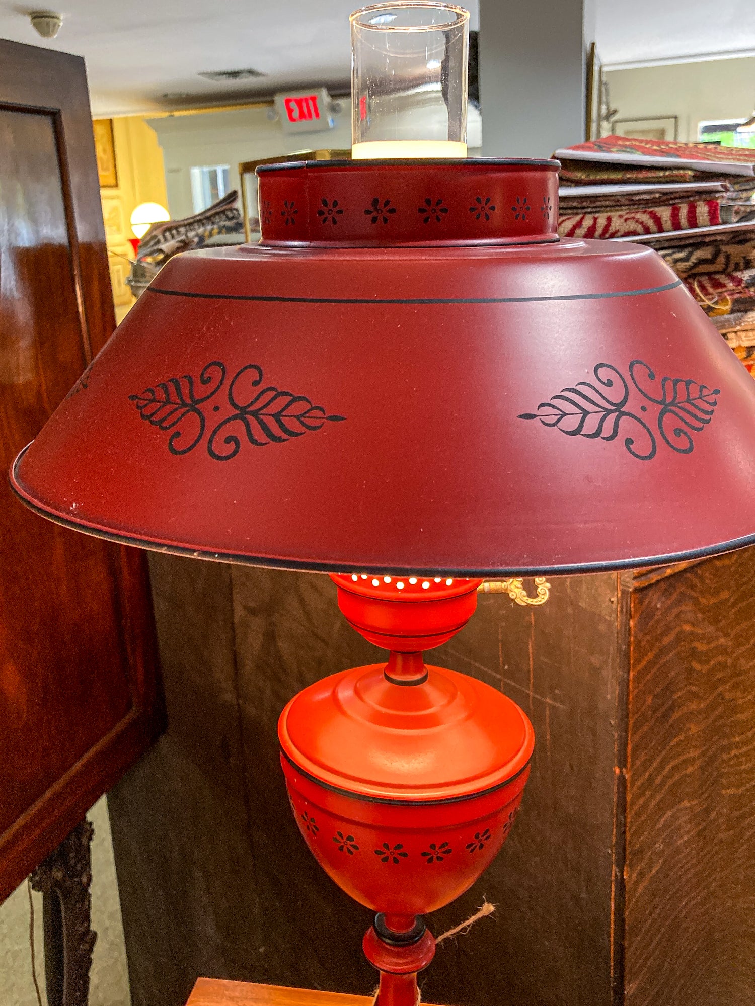 Vintage 19th Century Oil Style Hand Painted Red Tole Table Lamp