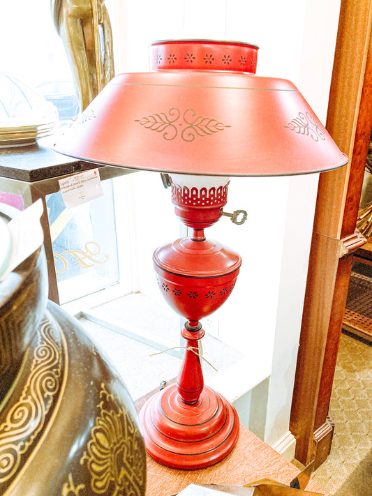 Vintage 19th Century Oil Style Hand Painted Red Tole Table Lamp