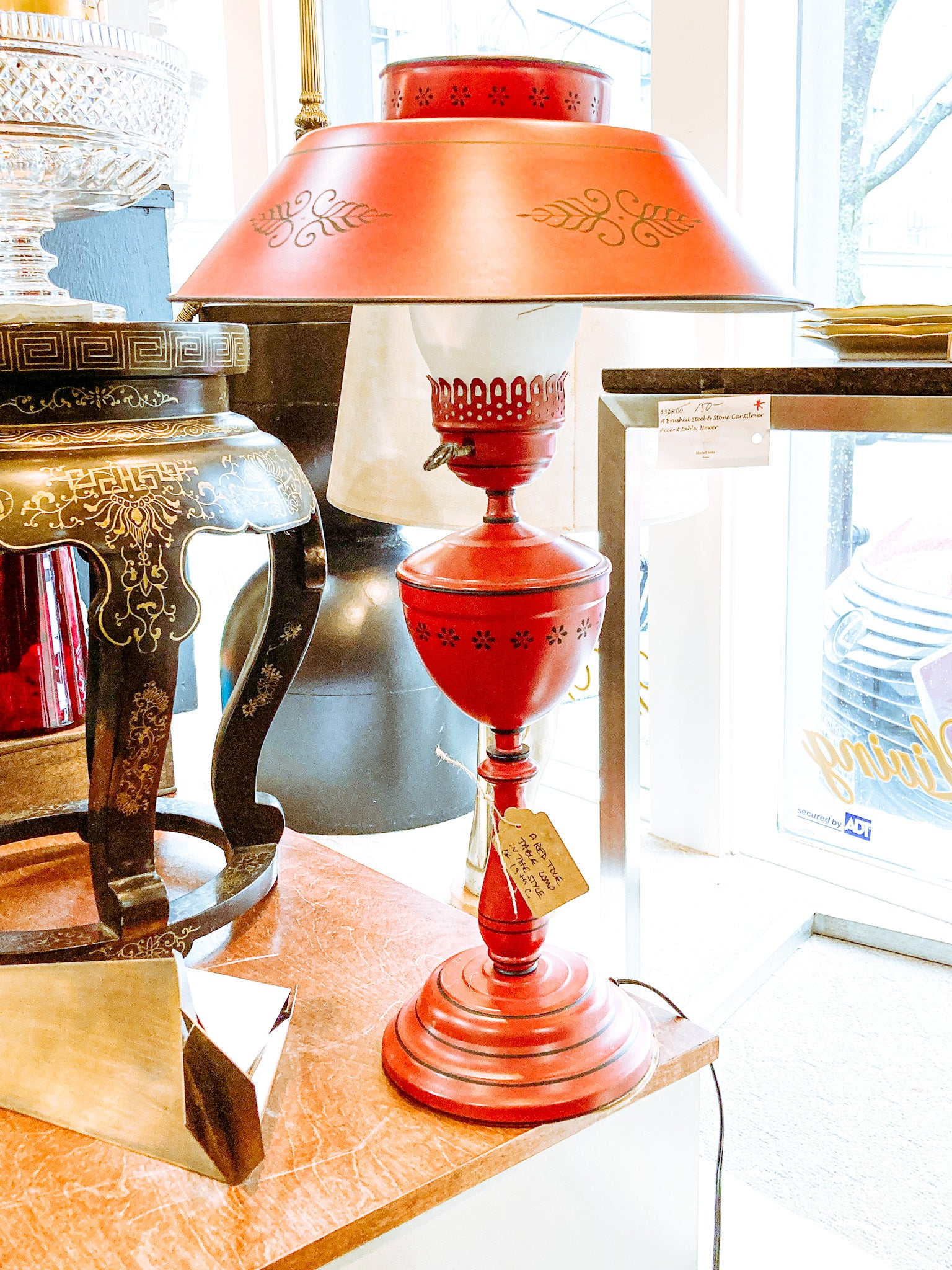 Vintage 19th Century Oil Style Hand Painted Red Tole Table Lamp