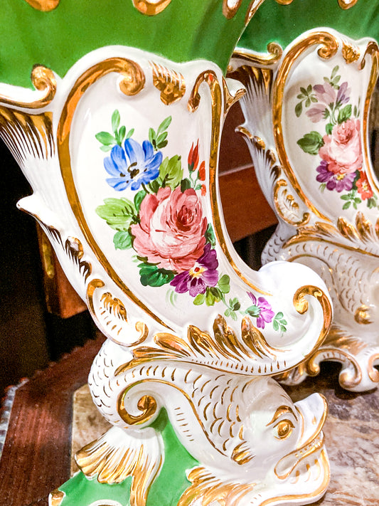 Vintage Pair 19th Century Style Old Paris Porcelain Cornucopia Reproduction Vases