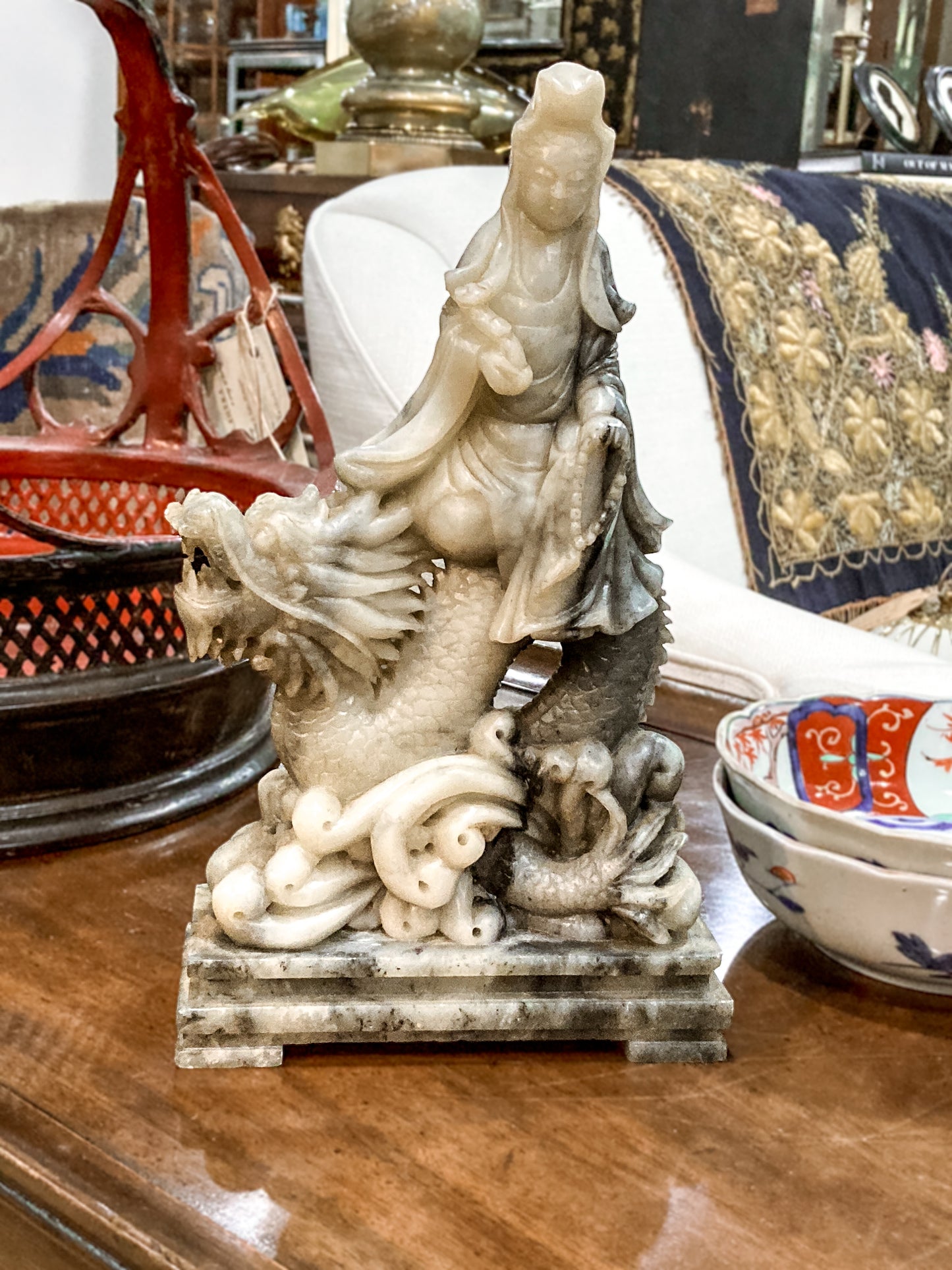 Vintage 20th Century Carved Soapstone Chinese Guan Yin Dragon Sculpture