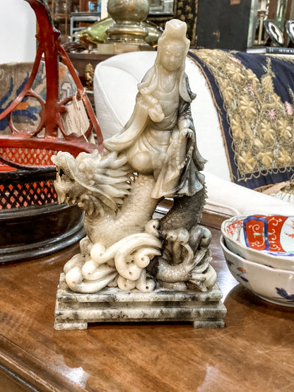 Vintage 20th Century Carved Soapstone Chinese Guan Yin Dragon Sculpture