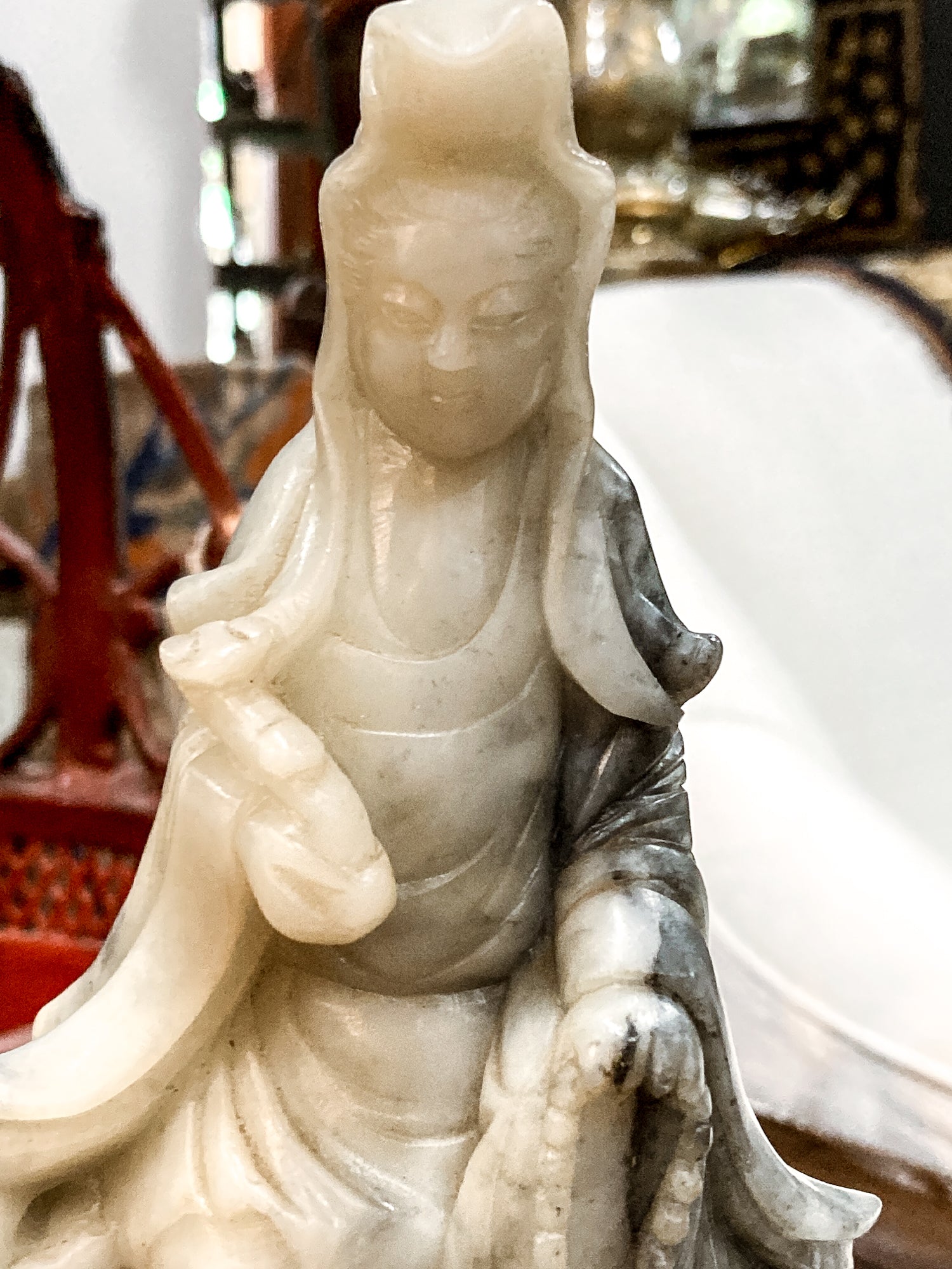 Vintage 20th Century Carved Soapstone Chinese Guan Yin Dragon Sculpture