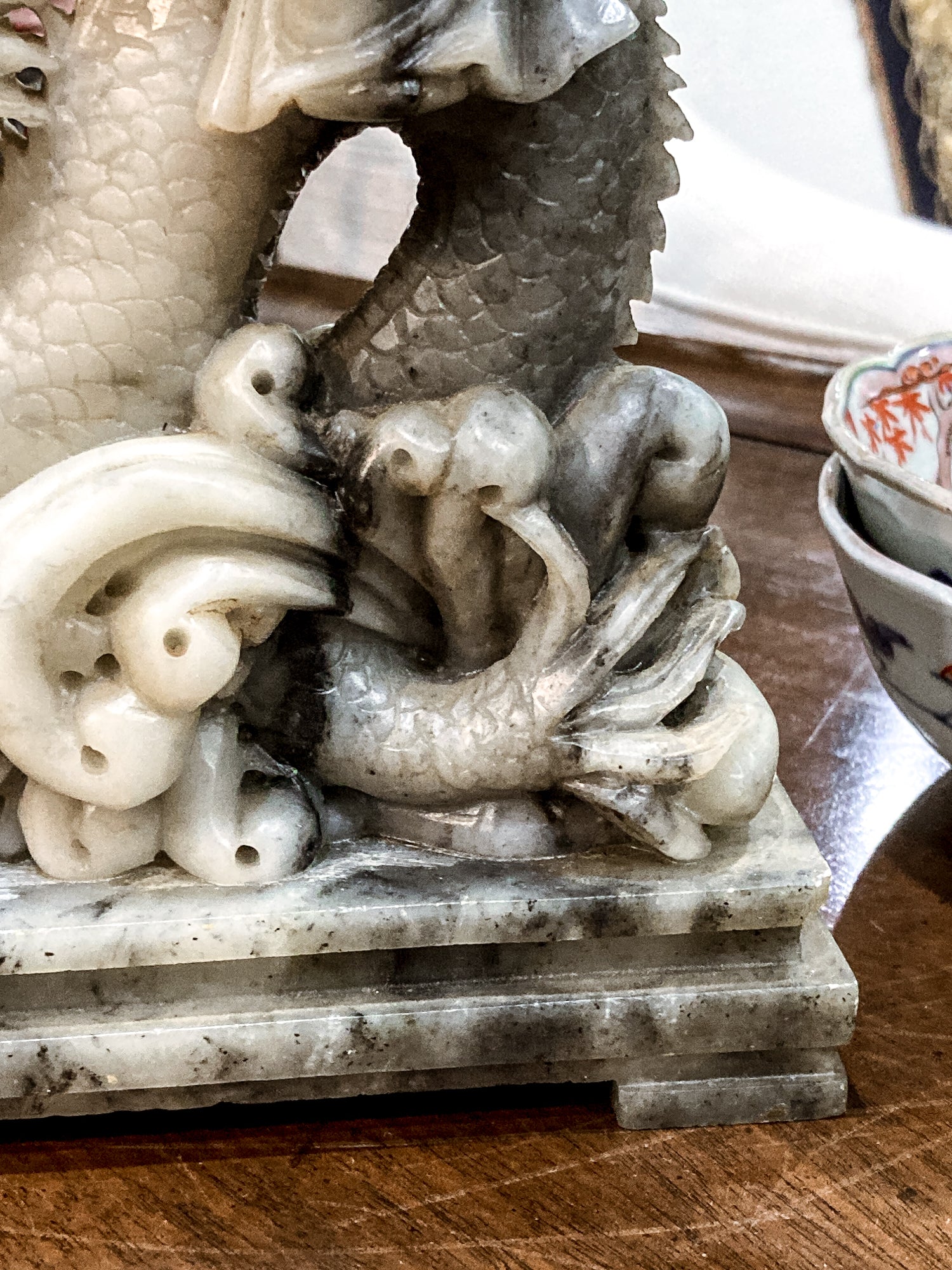 Vintage 20th Century Carved Soapstone Chinese Guan Yin Dragon Sculpture