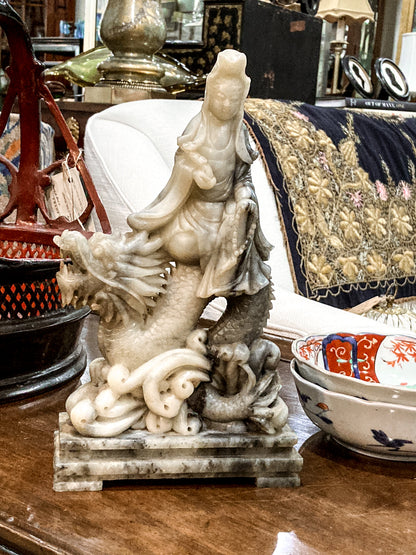 Vintage 20th Century Carved Soapstone Chinese Guan Yin Dragon Sculpture